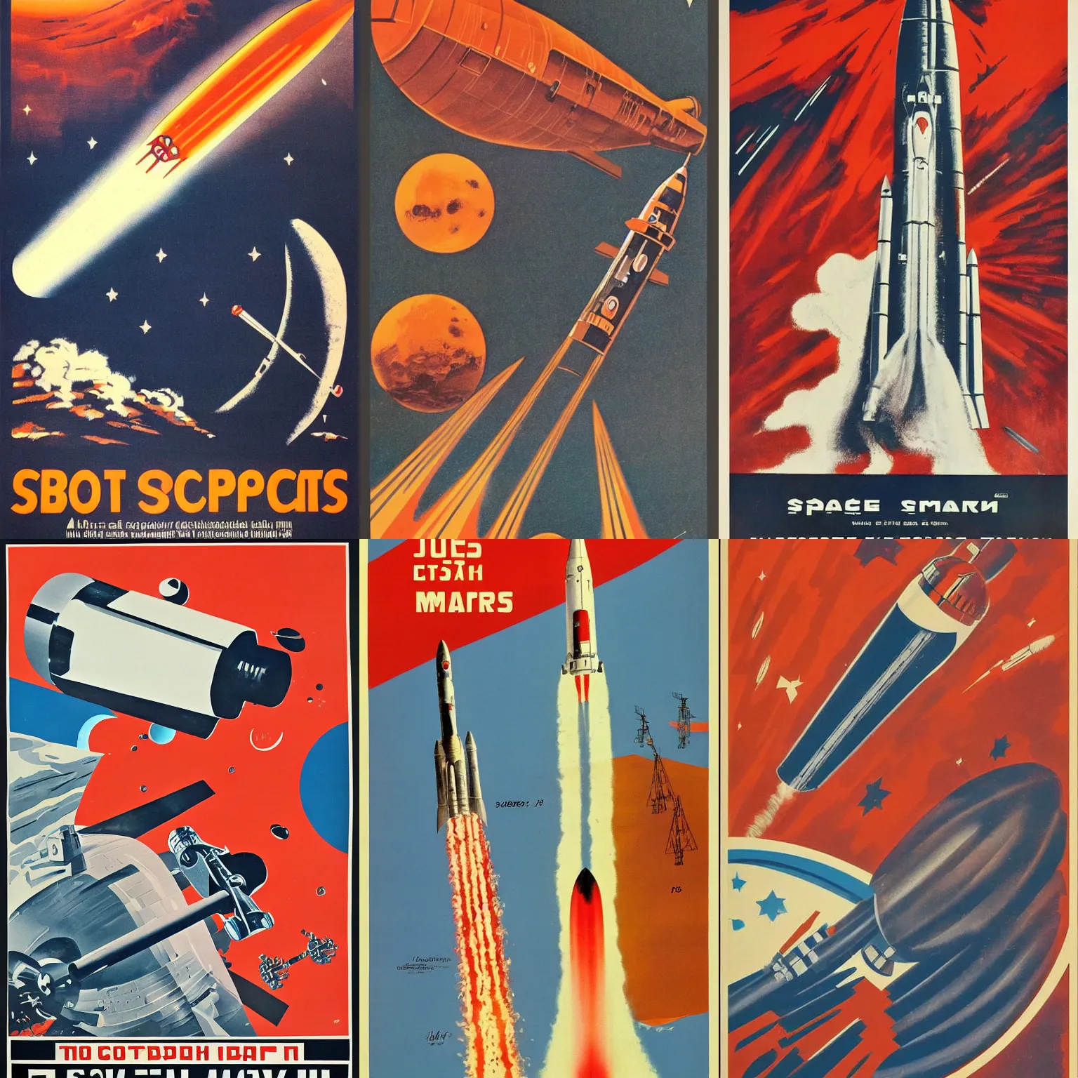 Prompt: Soviet Space craft launching for mars, 60s poster, 1962 Soviet