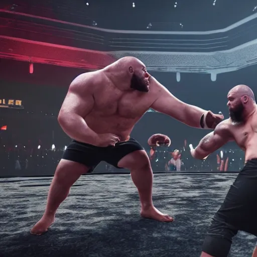 Prompt: giga chad fighting the rock in a wwe arena, cinematic lighting, photorealistic,