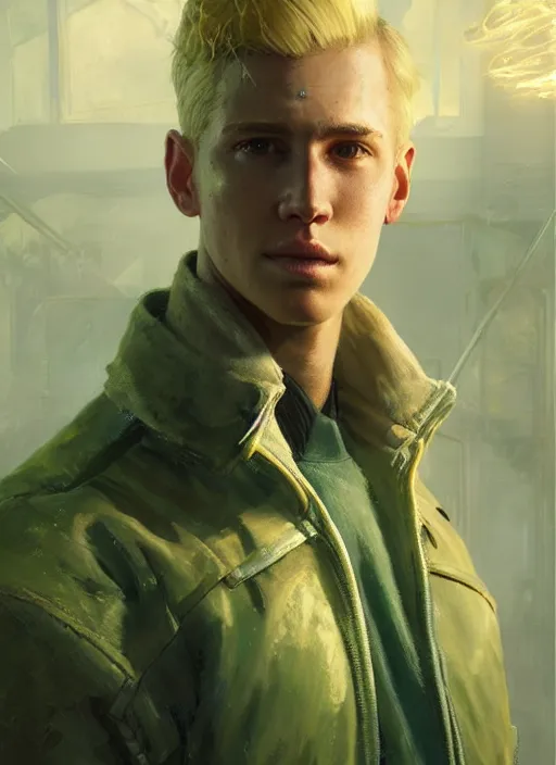 Prompt: portrait of a young man with blond hair with green house equipment from fallout 4, art by ryo shiotani and greg rutkowski, intricate, beautiful, cinematic lighting