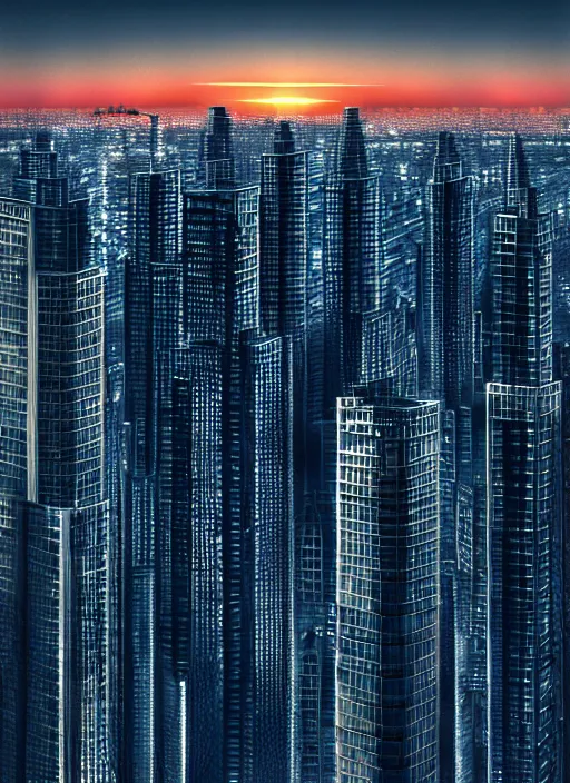 Image similar to highrise buildings, sunset, scenery wallpaper aesthetic, closeup view, beautiful, cinematic, dramatic, super detailed and intricate, hyper realistic, 4 k render, by koson ohara, by darwyn cooke