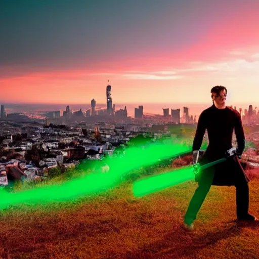 Prompt: man with a green lightsaber fighting man with a red lightsaber on a hill, city in background, sunrise