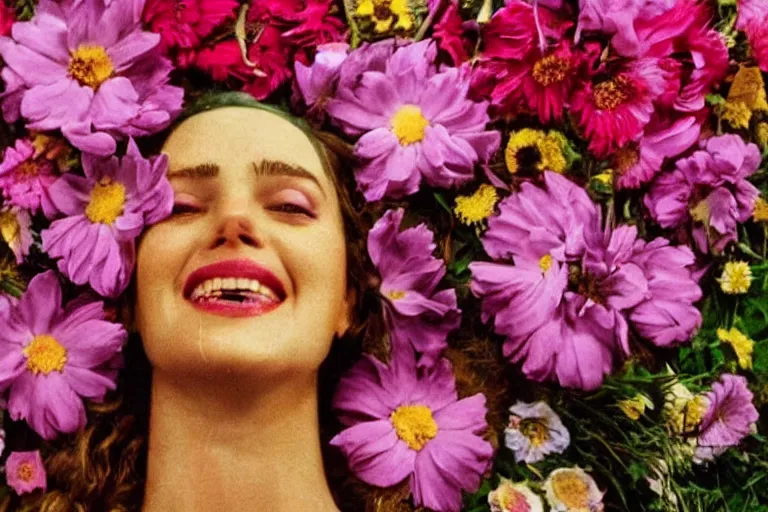 Image similar to vhs 1 9 8 0 s cinema footage of a womans head surrounded by giant beautiful flowers eerie smiling, scene from the movie midsommar, directed by ari aster, vintage film grain