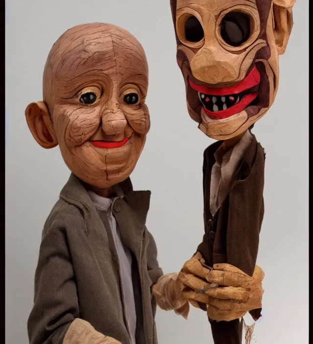 Image similar to hyper realistic photography of horror ventriloquist wooden puppet with old carved painted head