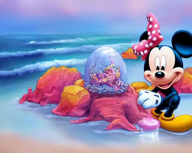 Prompt: Mickey mouse sitting next to terrifying sea creatures on a creepy beach, digital art, by Taeyoung Choi, super detailed, artstation