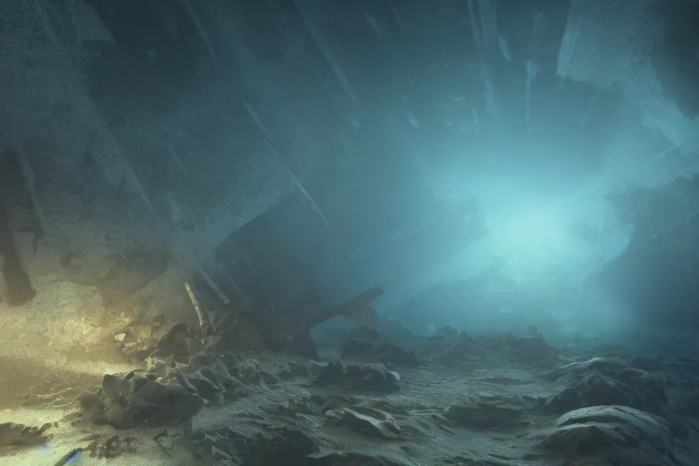 Prompt: a shipwreck on the seafloor in the depths of the ocean, volumetric sun rays, atmospheric immersive painting