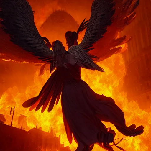 Prompt: Fallen angel as a phoenix in fire, flying through a medieval town by night, buildings in fire, smokes, dark, destruction, post-apocalyptic, DnD character, unreal engine, octane render, dramatic lighting, pond, digital art, by Stanley Artgerm Lau, greg rutkowski, thomas kindkade, alphonse mucha, loish, norman Rockwell