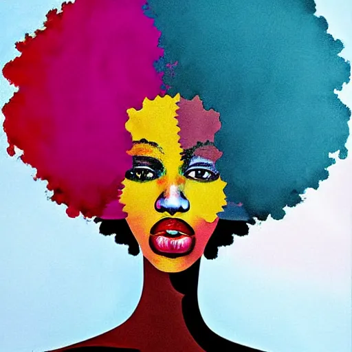 Image similar to the abstract painting of an afro lady artistic flat illustration by larry klewchuk, surrealism