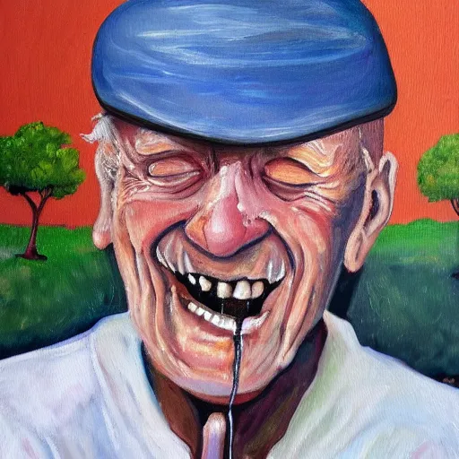 Image similar to a painting of a happy old man eating mud