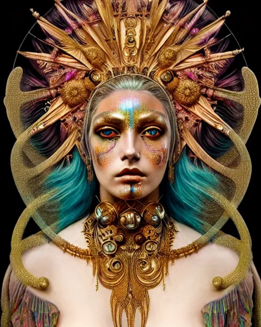 Prompt: hyperrealistic detailed portrait of a beautiful goddess in an iridescent - gold ornamental ritual headdress, intricate cyberpunk make - up, golden face tattoos, insane details, art by ernst haeckel, android jones, john william godward, gothic - cyberpunk, beautiful deep colours,