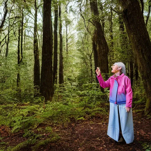 Prompt: elderly woman screaming at a terrifying creature in the woods, canon eos r 3, f / 1. 4, iso 2 0 0, 1 / 1 6 0 s, 8 k, raw, unedited, symmetrical balance, wide angle