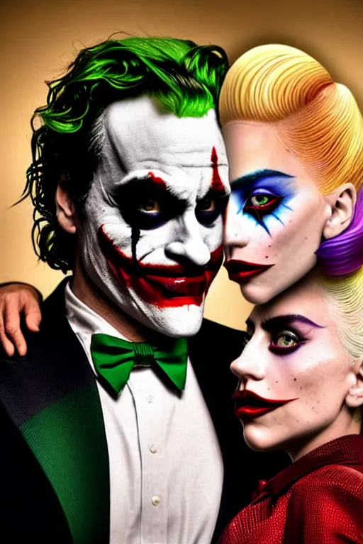 Image similar to joaquin phoenix joker with harley queen lady gaga, photorealistic, ultrarealistic, smooth, 4 k, aesthetic lighting, baroque object, sharp focus, hyperdetailed, professional photography, pullitzer winning, 8 0 0 photo by : canon eos 5 d mark iv, by karah mew and adnan abidi and jodie bateman and ansel adams