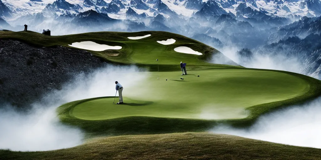 Image similar to a great photograph of the most amazing golf hole in the world, perfect light, in the swiss alps, high above treeline, ambient light, 5 0 mm, golf digest, top 1 0 0, fog