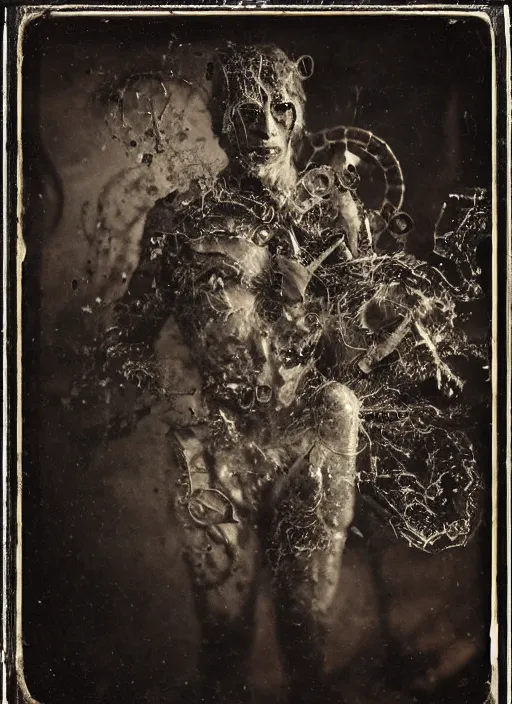 Image similar to old wetplate daguerreotype half man, half demon, explosion of data fragments, fractal, intricate, elegant, highly detailed, parallax, leica, medium format, subsurface scattering, by jheronimus bosch and greg rutkowski and louis jacques mande daguerre