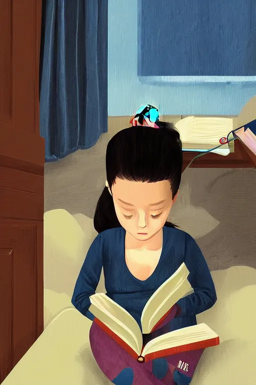 Prompt: a digital painting of a girl reading a book with a cat in A comfortable study room at night,JK uniform ,Hairdryer,blue theme,S line, by anmi and reoenl and krenz