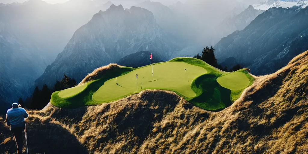 Image similar to a great photograph of the most amazing golf hole in the world, perfect light, over a cliff, in the swiss alps, hangglider, high above treeline, ambient light, 5 0 mm, golf digest, top 1 0 0, fog