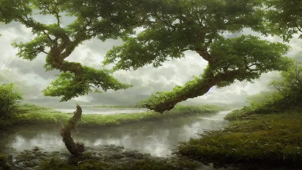 Prompt: A beautiful, highly detailed, very realistic oil painting of a single cloud tree with lots of cloud shaped leaves, next to a small crystal clear river, oil painting by Greg Rutkowski.