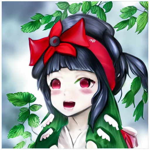 Prompt: a painttoolsai of reimu in the jungle wearing bonnet