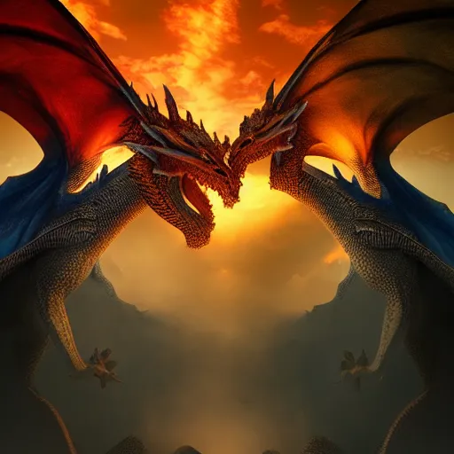 Image similar to Two dragons intertwined with one another breathing fire, masterpiece, 4k render, sunset, forest, incredible detail, cloudy, beautiful