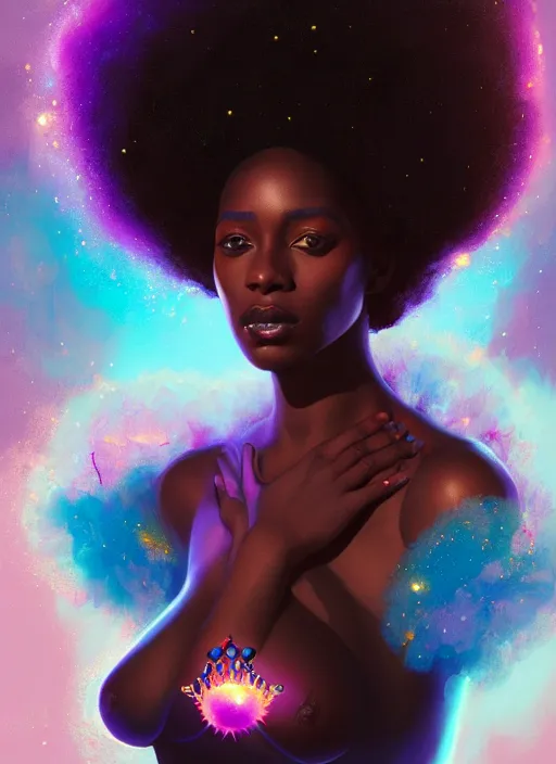 Image similar to portrait of young black woman with glowing crown jewels, afro - futurist style, intricate, elegant, exploding nebulae, highly detailed, digital painting, artstation, concept art, smooth, sharp focus, illustration, art by wlop, mars ravelo and greg rutkowski