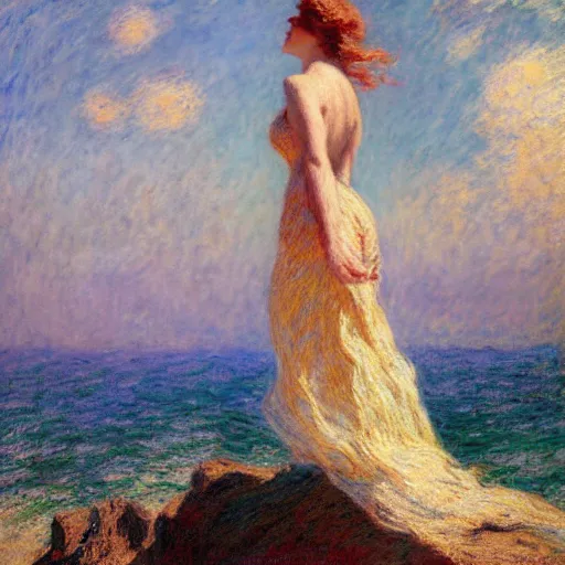 Image similar to a person standing on a cliff, looking out at the ocean, by gaston bussiere, craig mullins, j. c. leyendecker, claude monet