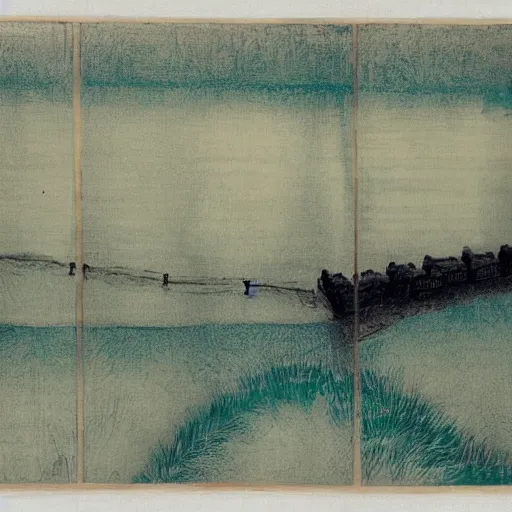 Prompt: a chinese prison near a river by peter doig : : 1 and ukiyo - e : : 0. 0 1, muted colors