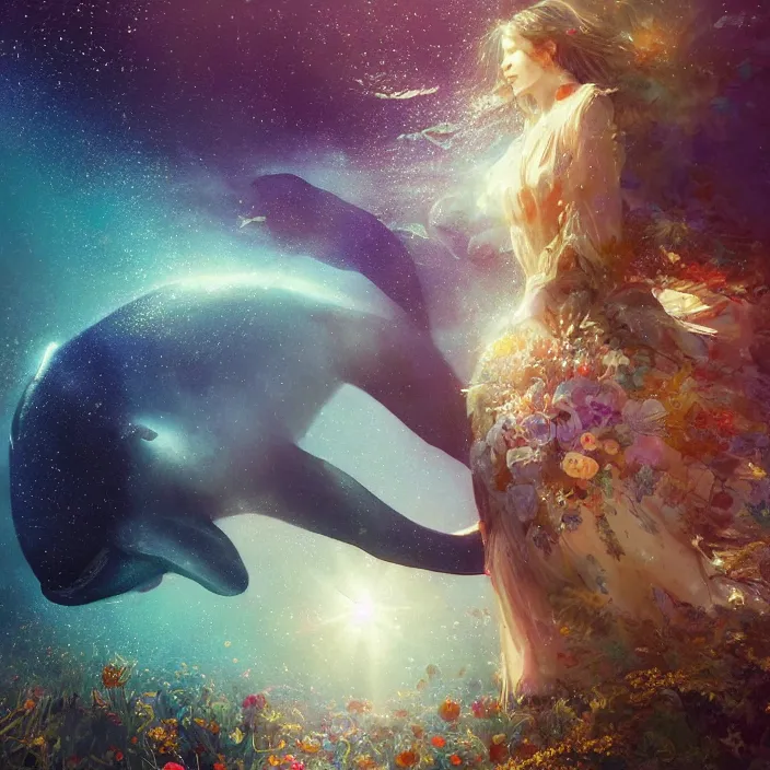 Image similar to glimmering whale, flowing dress, flowers, cosmos, milky way galaxy, golden hour, god rays, coral reef, dreamscape by artgerm and ruan jia and ismail inceoglu and greg olsen, masterpiece, beautiful, intricate, elegant, highly detailed