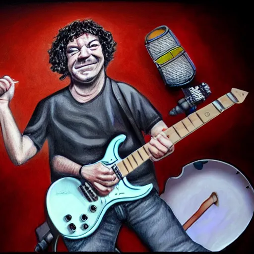 Image similar to Caricature portraits done of Dean Ween playing a guitar live on stage, realistic, hyperrealistic, very realistic, highly detailed, very detailed, extremely detailed, detailed, oil painting, digital art, trending on artstation