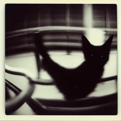 Image similar to black cat in a rollercoaster. polaroid. bleak.