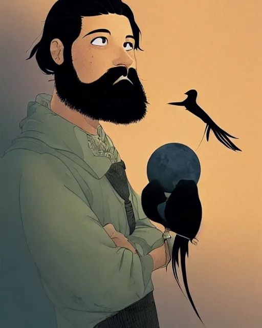 Image similar to portrait of an unkle moon with long black hair and beard and his imaginary bird friend, fine portrait, beautiful, realistic, magical, by tomer hanuka