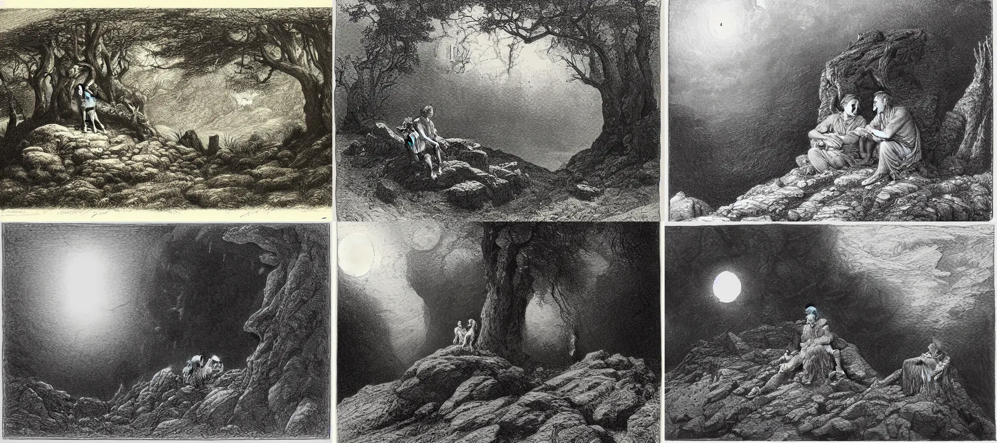 Image similar to an engraving of two men contemplating the moon on a rock in the forest by gustave dore, caspar david friedrich, ian miller, highly detailed, strong shadows, depth, lithograph engraving