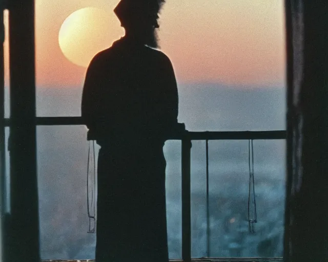 Image similar to award - winning lomographic tarkovsky film still of 4 0 years russian man with beard and sweater standing on small hrushevka 9 th floor balcony in taiga looking at sunset, cinestill, bokeh