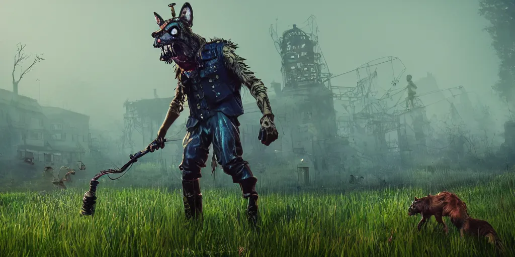 Image similar to gamekeeper wearing a steampunk and neonpunk mechanical fluorescent mystical animal mask in strange misty estuary landscape fight with werewolf, night, realism in style of fornite game, 4 k, octane render, award winning photograph, epic cinematic shot, perfectly defined features, ambient occlusion