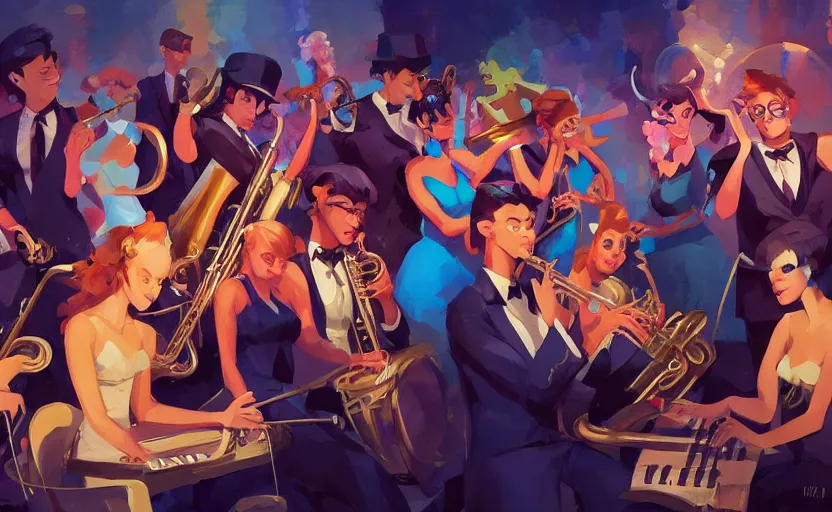 Image similar to the enchanted jazz band party with musicians and a glamorous female singer, behance hd artstation by jesper ejsing, by rhads, makoto shinkai and lois van baarle, ilya kuvshinov, ossdraws