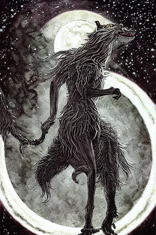 Prompt: crynos werewolf howling at the moon, art by luis royo and walter crane and kay nielsen, watercolor illustration, ultra sharp focus, wot