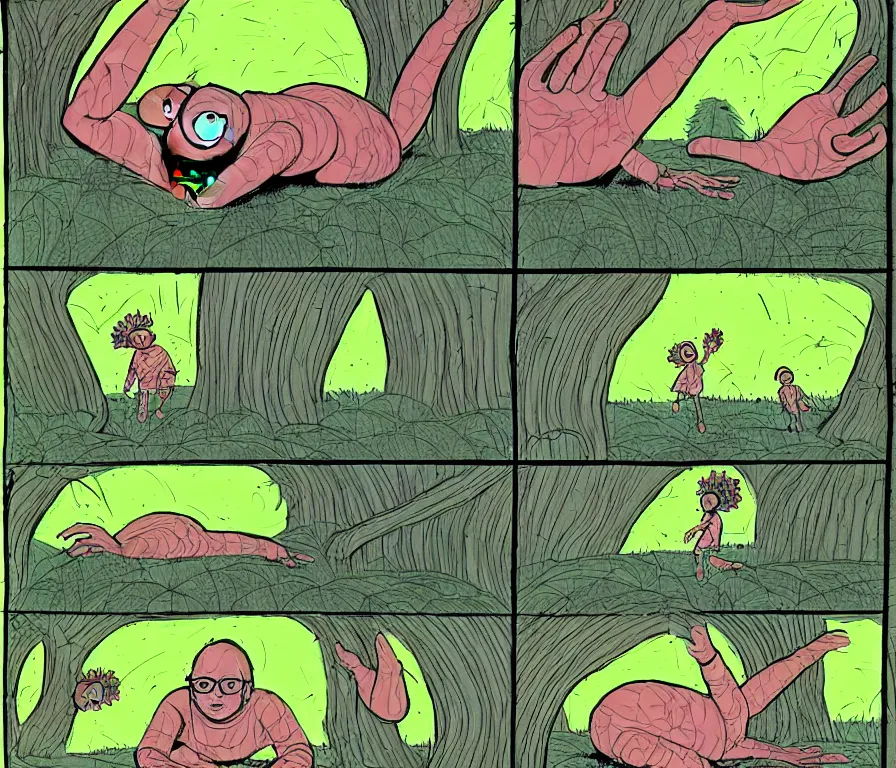 Prompt: character study of todd solondz tripping on mushrooms | vivid colors : storyboard, concept design, realistic. by gabriel hardman, joe alves, j. todd anderson, chris bonura. cinematic atmosphere, detailed and intricate, perfect anatomy