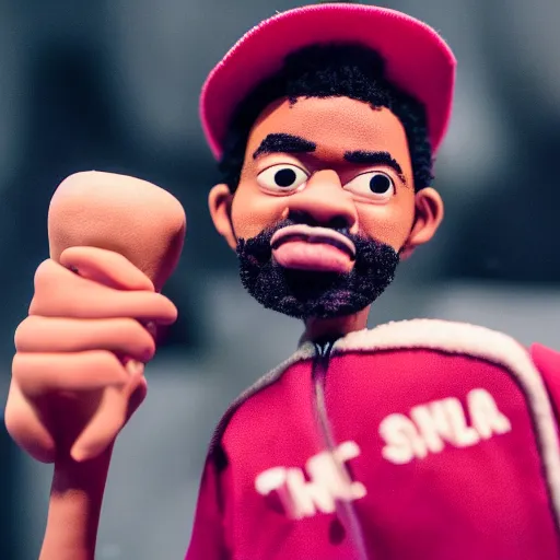 Image similar to a cinematic film still of a claymation stop motion film starring chance the rapper as a college student, shallow depth of field, 8 0 mm, f 1. 8