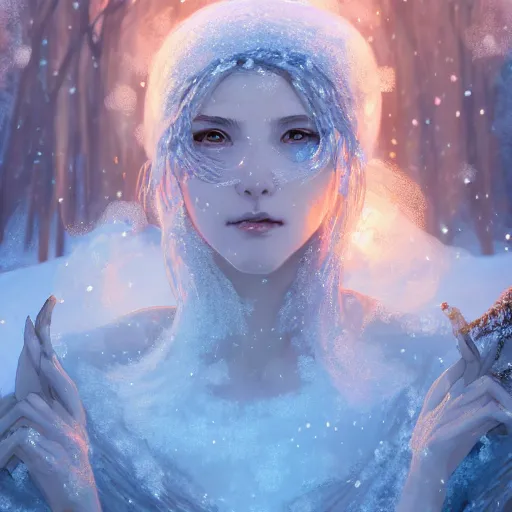 Image similar to beautiful ancient frost witch, fire in eye, snow glow, pool party, highly detailed, digital painting, artstation, sharp focus, illustration, art by tan zi and ayanamikodon and alphonse mucha and wlop