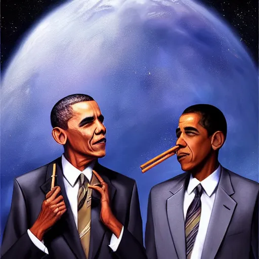 Image similar to a beautiful cosmic matte painting of obama and jay - z smoking blunts in outer space, by artgerm, trending on artstation