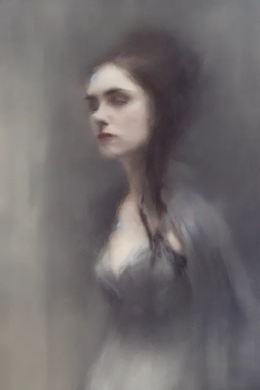 Image similar to detailed cinematic moody colors studio portrait of a victorian lady with a sensual pose with a blurred face high quality by jeremy mann, only one head single portrait
