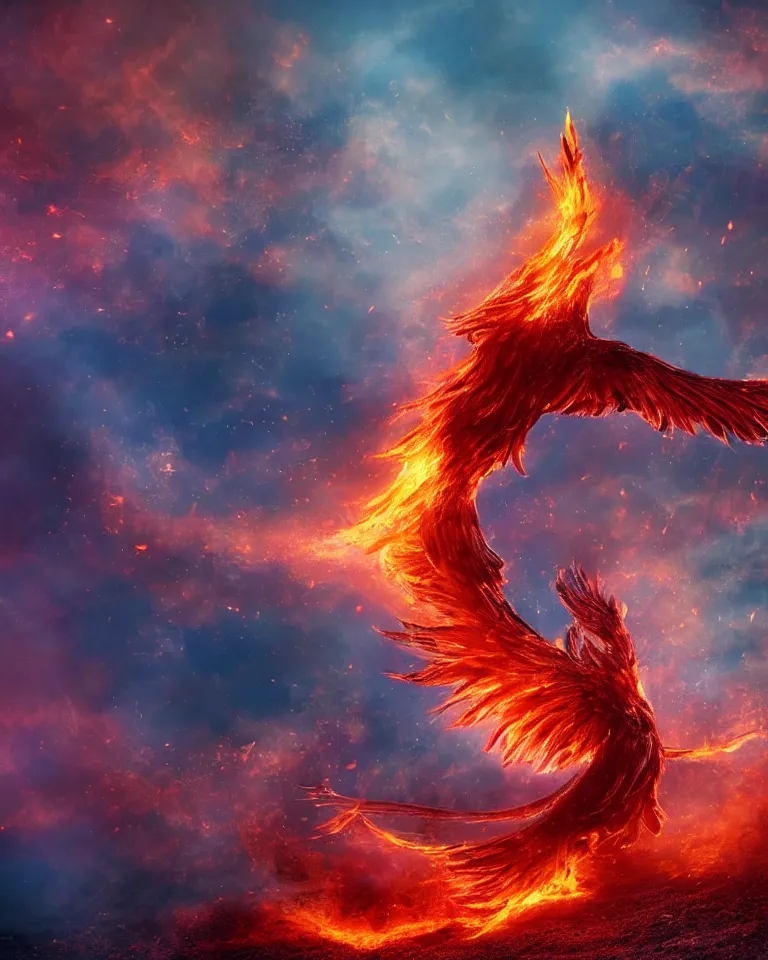 Prompt: a beautiful and imaginary photoreaslistic render of a burning steel phoenix rising out of the dirt and ashes, ethereal lighting, pixie dust magic, brilliant glow, cinematic, epic, epic scale ultrawide angle, deep vivid colors,