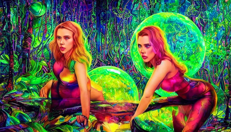 Prompt: scarlett johansson in psychodelic dmt lsd forest looking at a shiny sphere, photorealistic, artgerm, artwork by Rossier, Jessica