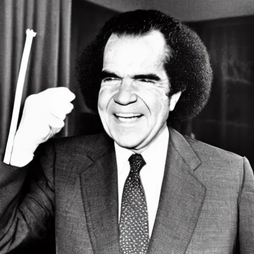 Image similar to Richard Nixon with an afro and a joint, 1971