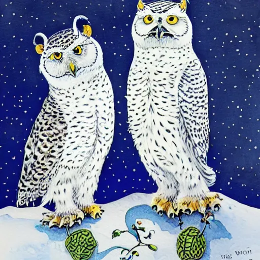 Prompt: snowy owl dancing with a snow leopard, Louis William Wain watercolor,