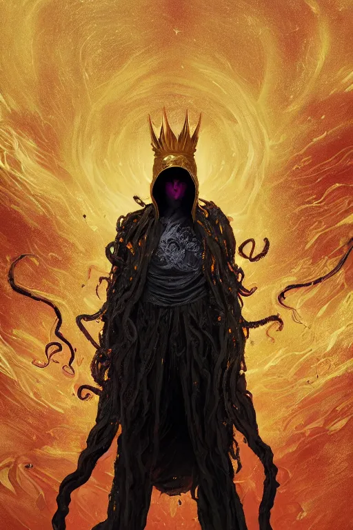 Image similar to A full body portrait of a mysterious character with no face with a very long hooded yellow cloak, a golden crown floating above his head tentacles coming out the ground art by Maciej Kuciara and Jason Chan, ominous, cosmic horror, trending on artstation, Ultra detailed, hyper realistic 4k