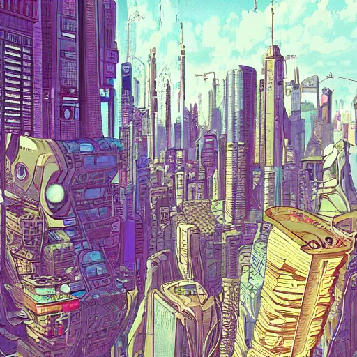 Image similar to a cyberpunk city, digital painting by moebius