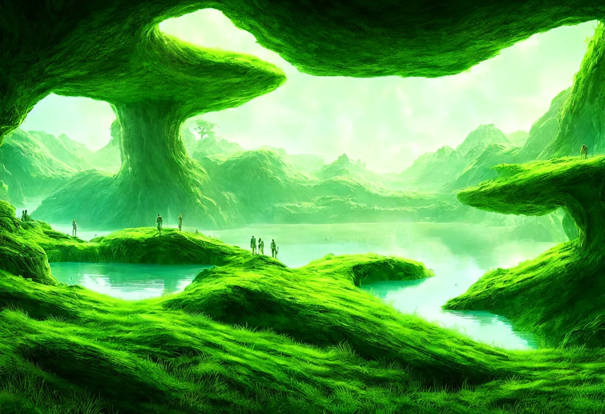 Prompt: inside of alien lake lush summer green landscape of human mind and imagination, matte painting, beautiful render, octane render, concept art