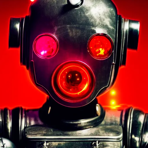 Prompt: a very detailed robot in steampunk style with red glowing eyes and laserbeams out of the eyes, frontshot, 8 k