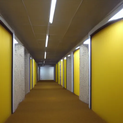 Image similar to Backrooms, old moist carpet, mono-yellow, fluorescent lights, randomly segmented rooms