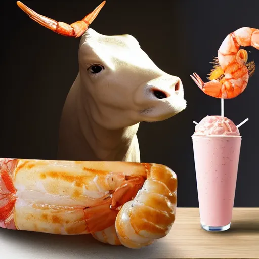 Prompt: a well dressed milkshake next to a brilliant shrimp, in the mouth of a cow, hyper realistic, sharp focus, hyper - detailed, 8 k resolution