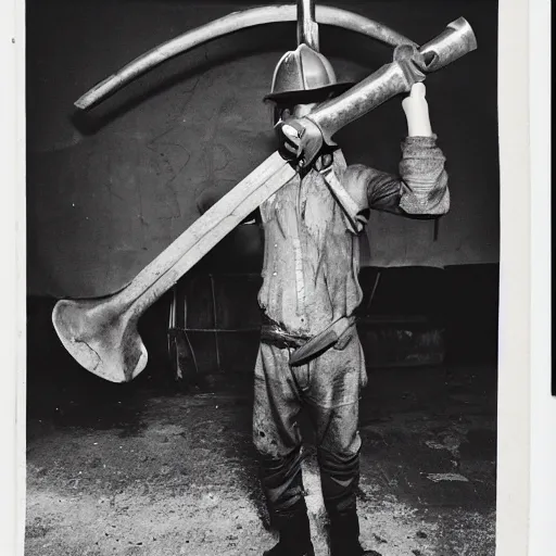 Prompt: a photo of a blacksmith kid holding big hammer by terry richardson